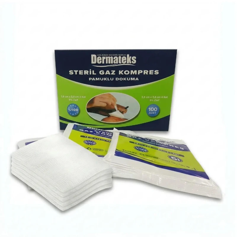 Dermateks Steril Gaz Kompres 7,5x7,5 cm - 4 Katlı 5 li Zarf 100 Adet Paket