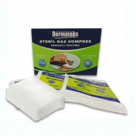 Dermateks Steril Gaz Kompres 7,5x7,5 cm - 4 Katlı 5 li Zarf 100 Adet Paket
