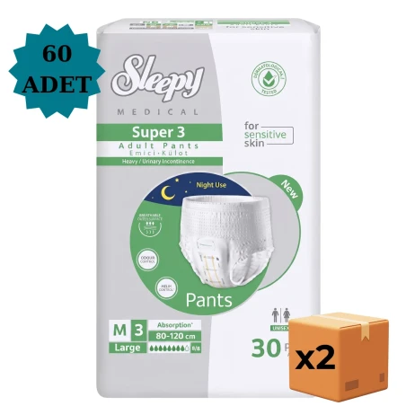 Sleepy Süper3 Yetişkin Külot Bez Medium 60 lı - Avantaj Paketi Yüksek Emici Hasta Bezi